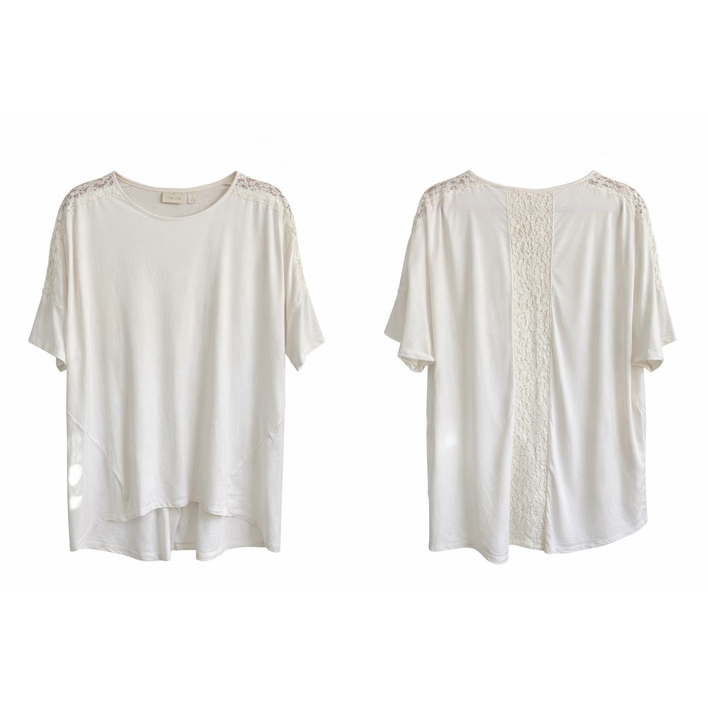 Chico's Ivory Lace Sleeve Top Size 3 XL Stretch High Low Hem Casual Chic